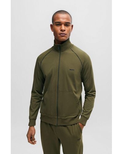 BOSS Veste zippée en jersey de coton stretch à logo brodé - Vert