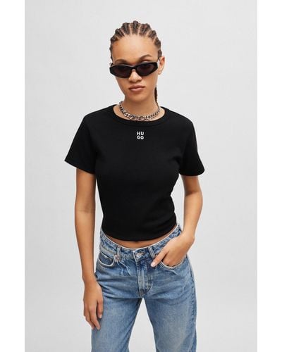 HUGO Cotton-blend T-shirt With Embroidered Stacked Logo - Black