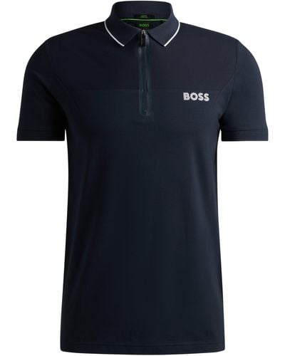 BOSS Slim-fit Polo Met Kraag Met Rits En Meshdetails - Zwart