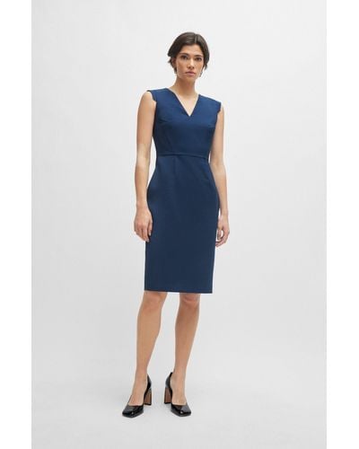 BOSS Cap-sleeve V-neck Dress In Melange Virgin Wool - Blue