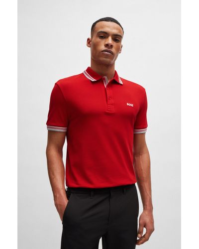 BOSS Polo en piqué de coton avec logo contrastant - Rouge