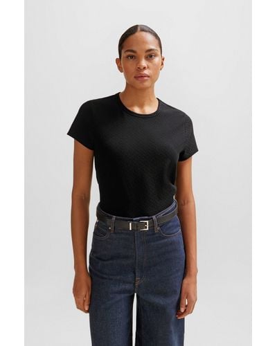 BOSS T-shirt en coton mélangé avec monogrammes en maille 3D - Noir