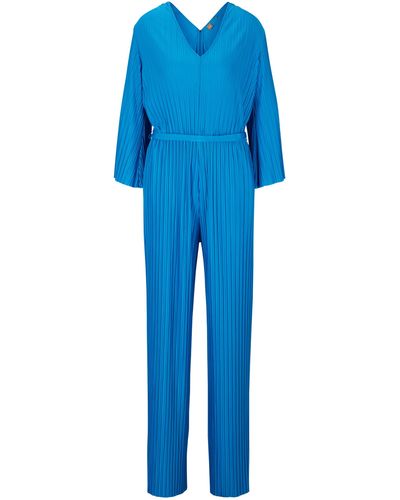 BOSS Langarm-Jumpsuit mit V-Ausschnitt und Plissee-Falten - Blau