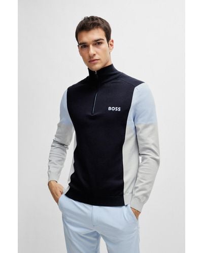 BOSS Cotton-blend Zip-neck Jumper With Embroidered Logos - Blue