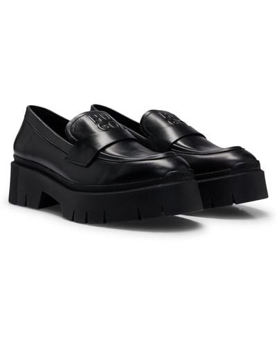 HUGO Chunky-sole Loafers In Smooth Leather With Logo Details - Black