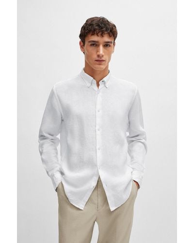 BOSS Regular-fit Linen Shirt With Button-down Collar - White