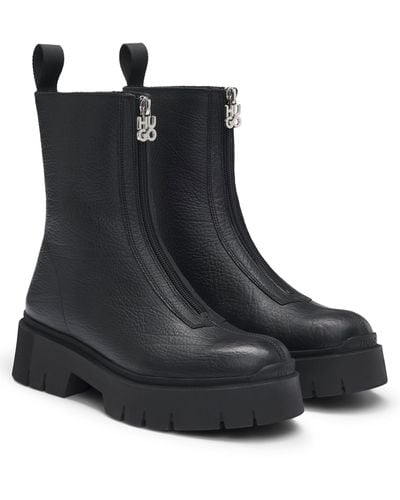 HUGO Ankle Boots In Tumbled Leather With Front Zip - Black