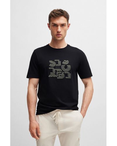 BOSS T-shirt Regular en jersey de coton à motif artistique typographique - Noir