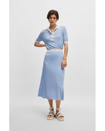 BOSS Linen-blend Dress With Button Placket - Blue