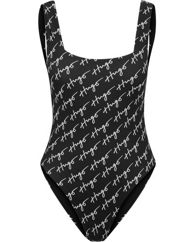 HUGO Zwempak Met Vierkante Hals En Handgeschreven Logodessin - Zwart