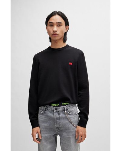 HUGO Knitted Cotton Jumper With Red Logo Label - Black