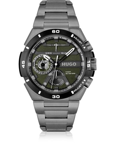 HUGO Uhr mit Gliederarmband und mehrschichtigem olivgrünem Zifferblatt - Schwarz