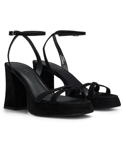 HUGO Suede Platform Sandals With Ankle Strap - Black