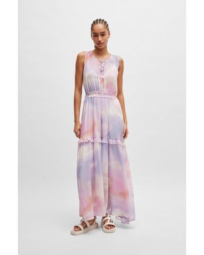 BOSS Sleeveless Regular-fit Printed Dress With Frill Trims - Purple