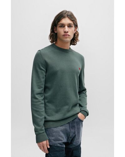 HUGO Knitted Cotton Jumper With Red Logo Label - Green