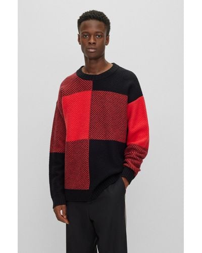 HUGO Relaxed-fit Sweater With Jacquard-woven Vichy Check - Red