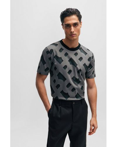 BOSS T-shirt en coton stretch mercerisé à monogramme jacquard - Noir