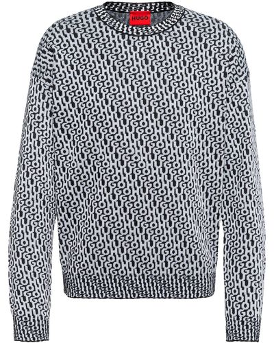 HUGO Relaxed-fit Jumper With All-over Logo Jacquard - Blue