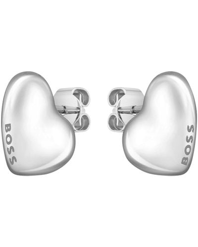 BOSS Heart-shape Silver-tone Earrings With Logo Details - White