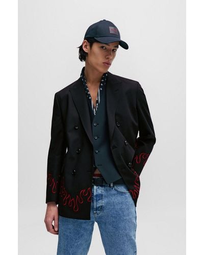 HUGO Modern-fit Double-breasted Jacket With Flame Embroidery - Black
