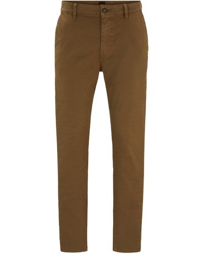 BOSS Tapered-fit Broek Van Gebroken Katoenen Twill Met Stretch - Bruin