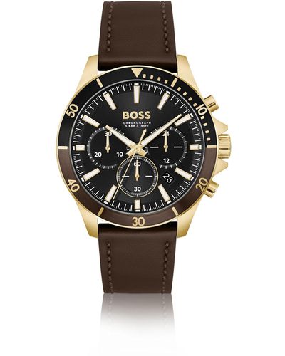 BOSS Chronograph Watch With Brown Leather Strap - Black