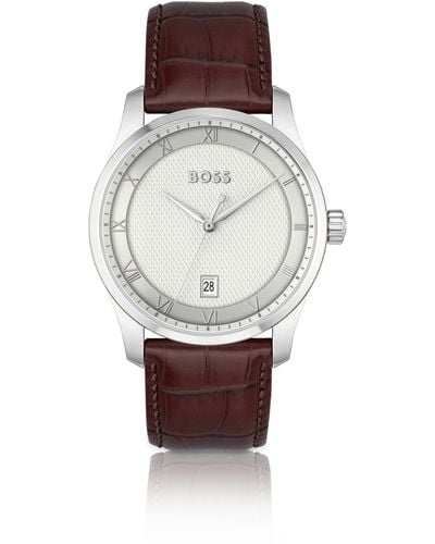 BOSS Leather-strap Watch With Silver-white Patterned Dial