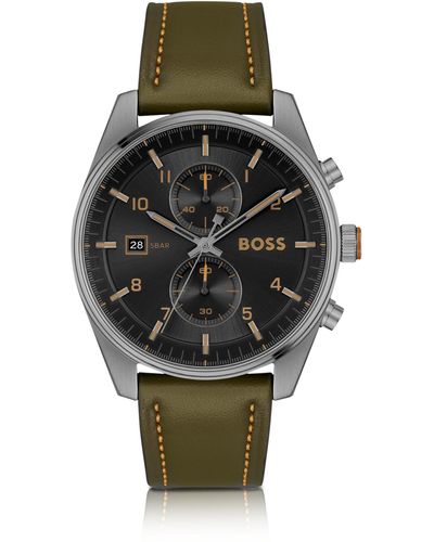 BOSS Montre chronographe avec cadran noir et bracelet en cuir vert