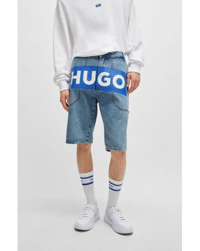 HUGO Denim Shorts With Logo Print - Blue