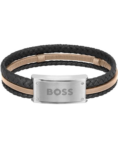BOSS Logo-plate Cuff In Black And Camel Leather