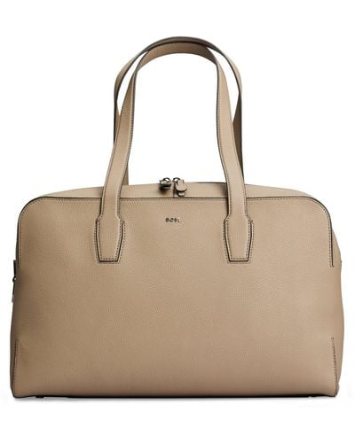 BOSS Zipped Holdall In Grained Leather With Logo Lettering - Natural