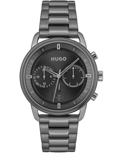 HUGO Grey-plated Watch With Black Dial And Link Bracelet - Multicolour