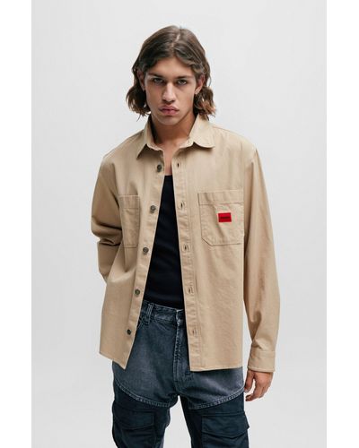 HUGO Oversized-fit Shirt In Cotton Twill With Logo Label - Natural