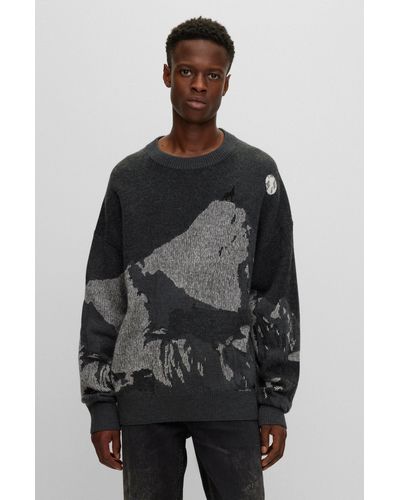 HUGO Wool-blend Oversize-fit Sweater With Seasonal Jacquard - Black
