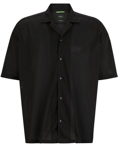BOSS Relaxed-fit Overhemd Van Jersey-mesh Met Campkraag - Zwart