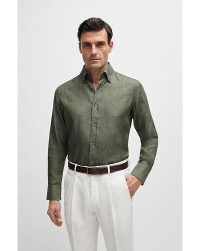 BOSS Extra-long-length Regular-fit Shirt In Linen - Green