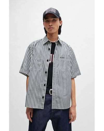 HUGO Oversize-fit Shirt In Striped Cotton Chambray - Blue