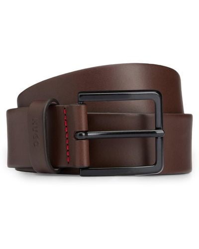 HUGO Leather Belt With Matte Gunmetal Hardware - Brown