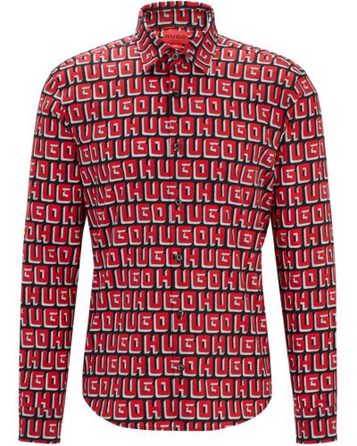 HUGO Slim-Fit Hemd aus elastischer Baumwoll-Popeline mit Logo-Print - Rot