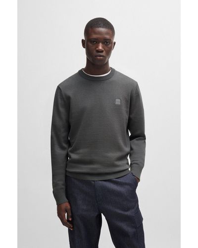BOSS Crew-neck Sweater In Cotton And Cashmere With Logo - Grey