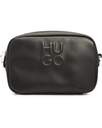 HUGO Faux-leather Crossbody Bag With Debossed Stacked Logo - Black