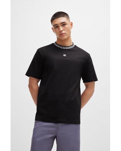HUGO T-shirt en coton interlock avec col à imprimé chaîne - Noir