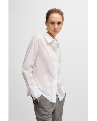 BOSS Long-sleeved Blouse In Pinstripe Cotton - White