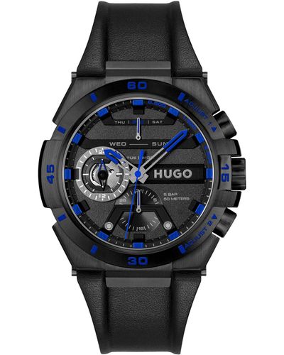 HUGO Montre en acier plaqué noir avec bracelet en cuir - Bleu