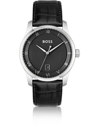 BOSS Horloge Met Zwarte Wijzerplaat, Dessin En Leren Polsband