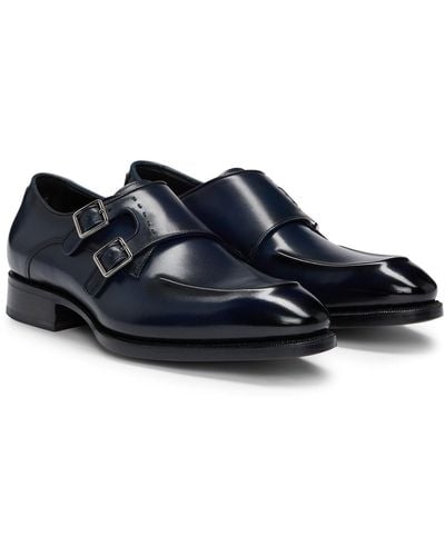 BOSS Double-strap Monk Shoes In Leather With Heel Detail - Blue