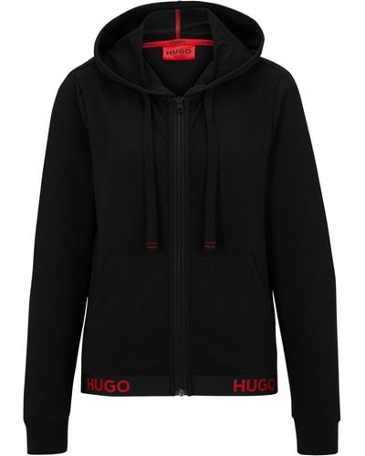 HUGO Regular-fit Hoodie Met Rits En Logotailleband - Zwart