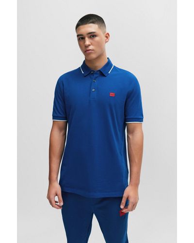 HUGO Cotton-piqué Slim-fit Polo Shirt With Red Logo Label - Blue