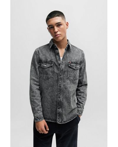 HUGO Relaxed-fit Long-sleeved Shirt In Cotton Denim - Gray