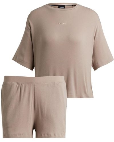 BOSS Short Pyjamas In Ribbed Cotton With Logo Details - Natural
